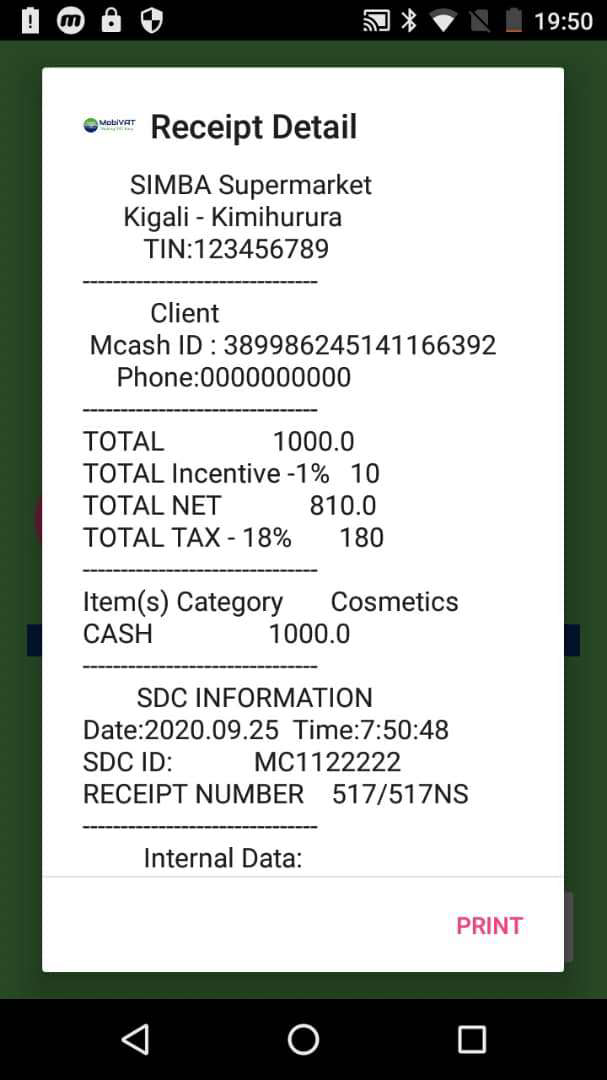 Receipt for Tax Authority jurisdiction