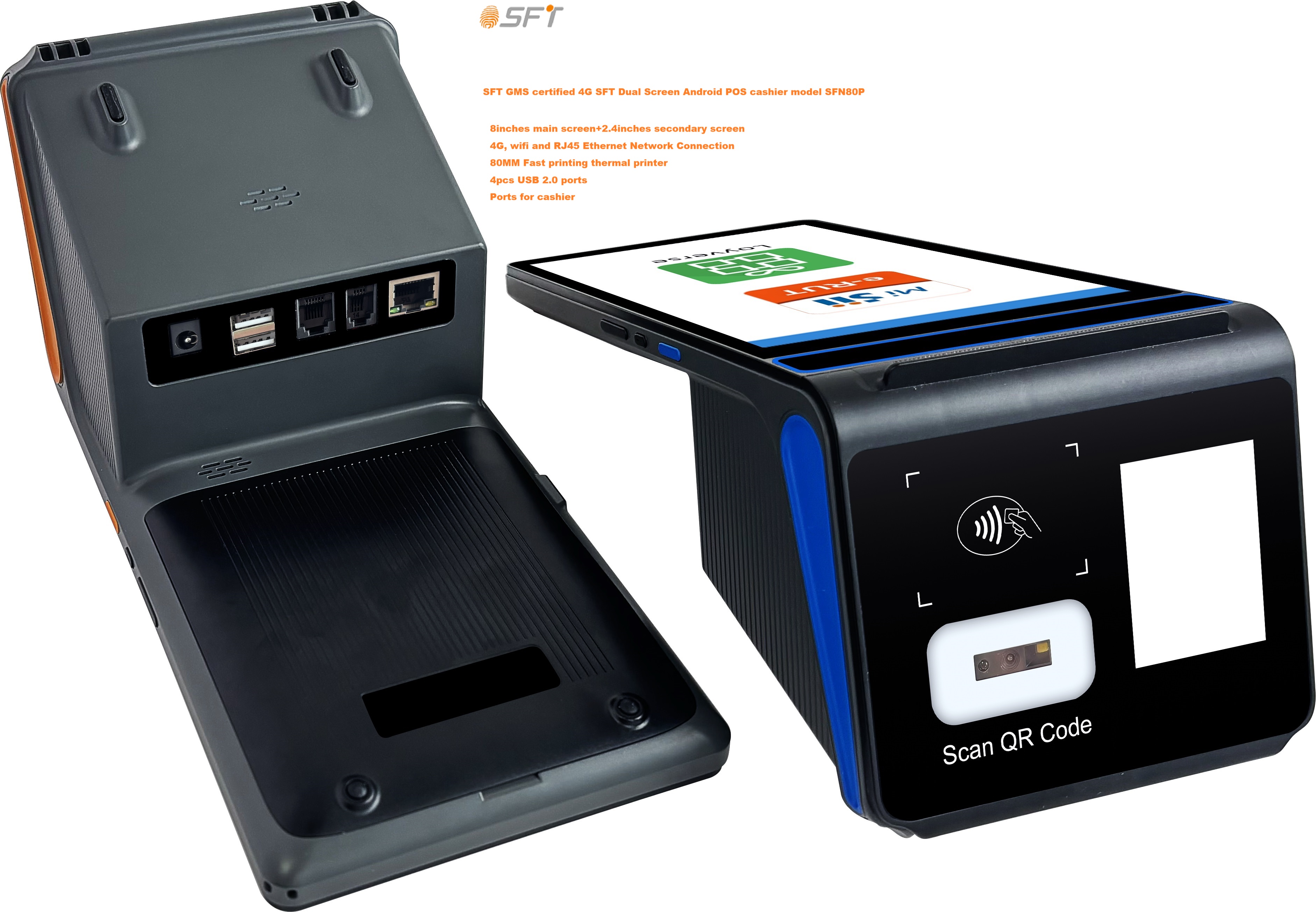 Portable dual screen Android POS Cashier upgraded to GMS certified Android 14 POS version 